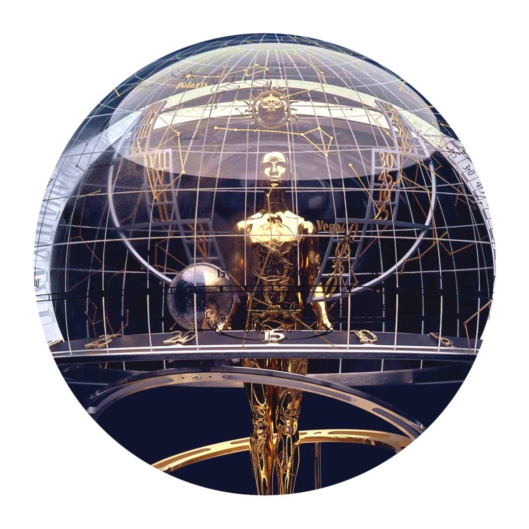 Un automate en or à l'intérieur d'un globe en verre représentant la voute céleste pour l'horloge astronomique de Vacheron Constantin.