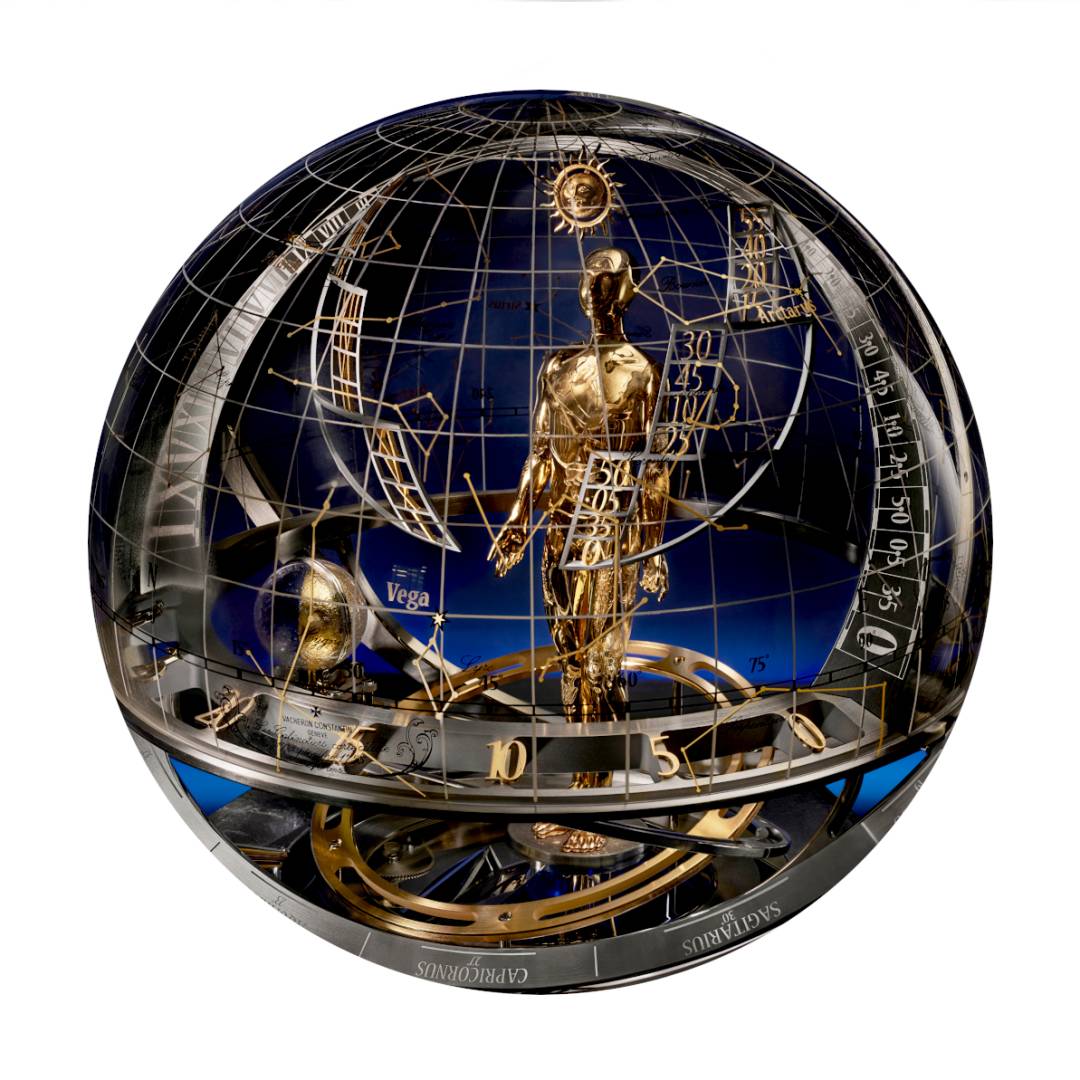 Un automate à l'intérieur d'un globe en verre représentant la voute céleste pour l'horloge astronomique de Vacheron Constantin.